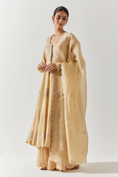 Buy_Label Earthen_Beige , Satin Embroidery, Mirrors Floral Resham Anarkali Pant Set _Online_at_Aza_Fashions