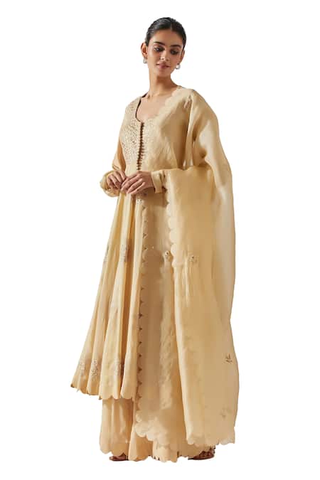 Shop_Label Earthen_Beige , Satin Embroidery, Mirrors Floral Resham Anarkali Pant Set _Online_at_Aza_Fashions