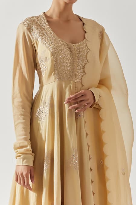 Label Earthen_Beige , Satin Embroidery, Mirrors Floral Resham Anarkali Pant Set _at_Aza_Fashions