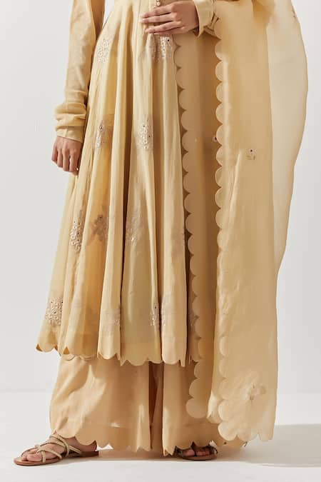 Buy_Label Earthen_Beige , Satin Embroidery, Mirrors Floral Resham Anarkali Pant Set 