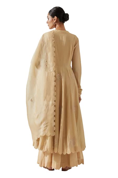 Shop_Label Earthen_Beige , Satin Embroidery, Mirrors Floral Resham Anarkali Pant Set 