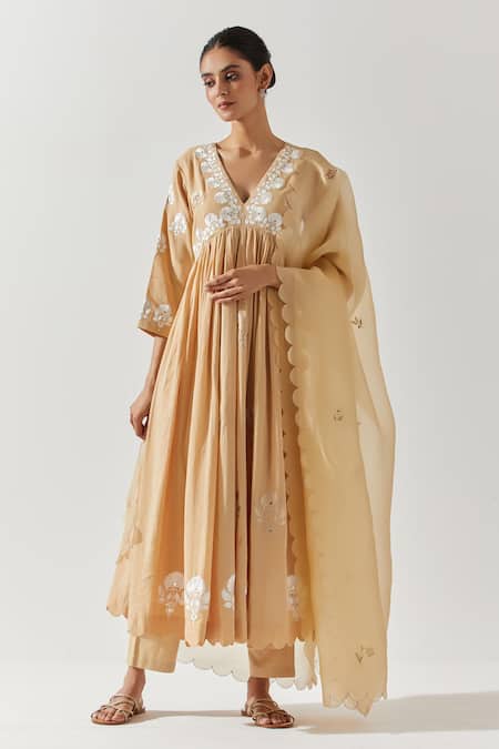 Label Earthen Beige Cotton Embroidery V-neck Floral Anarkali With Pant 