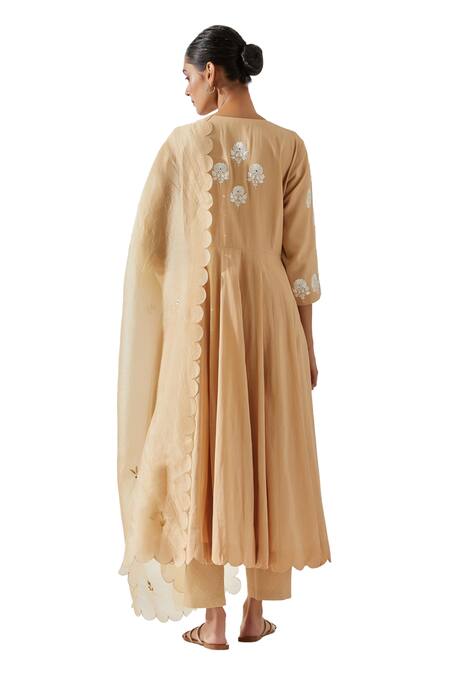 Shop_Label Earthen_Beige Cotton Embroidery V-neck Floral Anarkali With Pant 