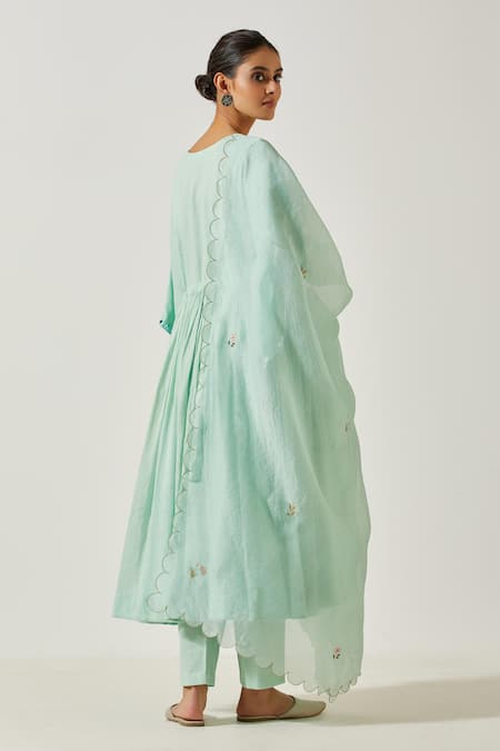 Shop Label Earthen Green Cotton Embroidery, Mirrors V-neck Resham Anarkali With Pant at Aza Fashions Shop_Label Earthen_Green Cotton Embroidery, Mirrors V-neck Resham Anarkali With Pant _at_Aza_Fashions