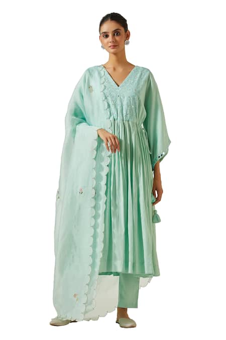 Label Earthen Green Cotton Embroidery, Mirrors V-neck Resham Anarkali With Pant Online at Aza Fashions Label Earthen_Green Cotton Embroidery, Mirrors V-neck Resham Anarkali With Pant _Online_at_Aza_Fashions