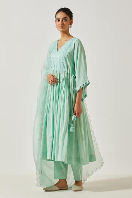 Buy Label Earthen Green Cotton Embroidery, Mirrors V-neck Resham Anarkali With Pant Online at Aza Fashions Buy_Label Earthen_Green Cotton Embroidery, Mirrors V-neck Resham Anarkali With Pant _Online_at_Aza_Fashions