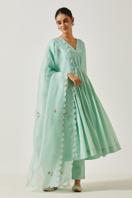 Shop Label Earthen Green Cotton Embroidery, Mirrors V-neck Resham Anarkali With Pant Online at Aza Fashions Shop_Label Earthen_Green Cotton Embroidery, Mirrors V-neck Resham Anarkali With Pant _Online_at_Aza_Fashions