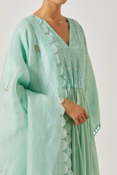 Buy Label Earthen Green Cotton Embroidery, Mirrors V-neck Resham Anarkali With Pant Buy_Label Earthen_Green Cotton Embroidery, Mirrors V-neck Resham Anarkali With Pant
