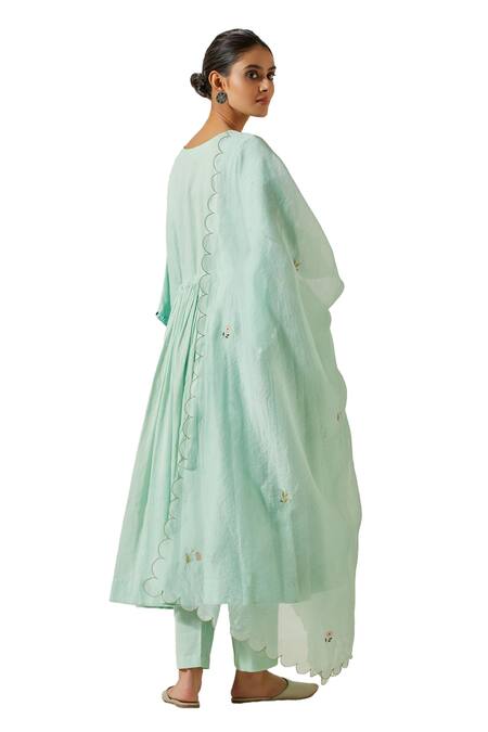 Shop Label Earthen Green Cotton Embroidery, Mirrors V-neck Resham Anarkali With Pant Shop_Label Earthen_Green Cotton Embroidery, Mirrors V-neck Resham Anarkali With Pant