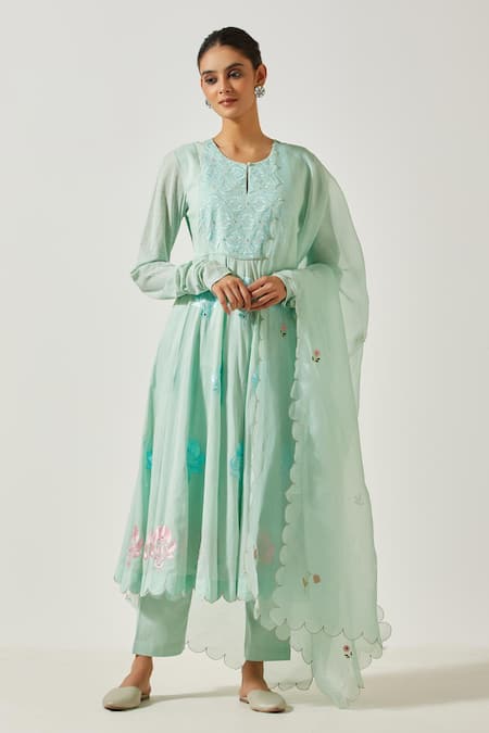 Label Earthen Green , Satin Embroidery Round Neck Resham Anarkali Pant Set