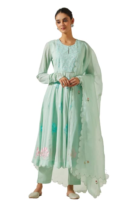 Label Earthen_Green , Satin Embroidery Round Neck Resham Anarkali Pant Set _Online_at_Aza_Fashions