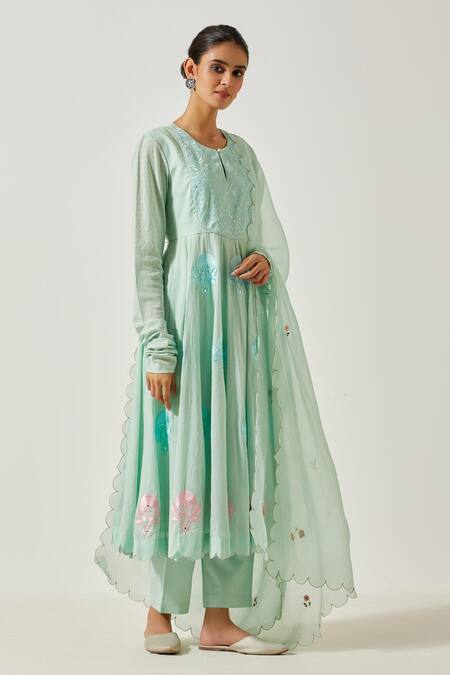 Buy_Label Earthen_Green , Satin Embroidery Round Neck Resham Anarkali Pant Set _Online_at_Aza_Fashions