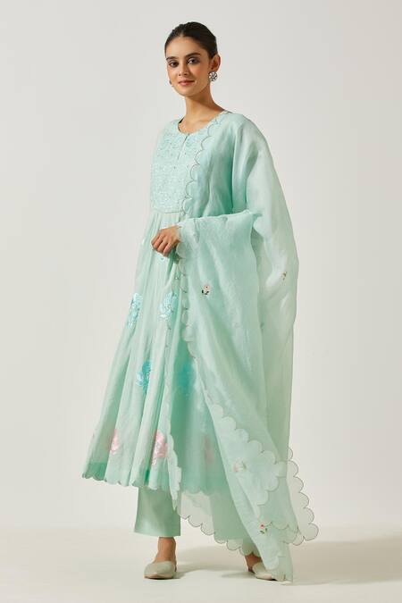 Shop_Label Earthen_Green , Satin Embroidery Round Neck Resham Anarkali Pant Set _Online_at_Aza_Fashions