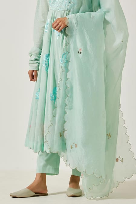 Label Earthen_Green , Satin Embroidery Round Neck Resham Anarkali Pant Set _at_Aza_Fashions