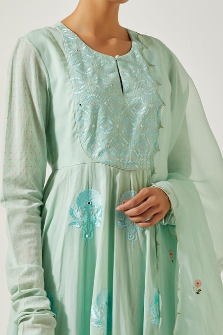 Buy_Label Earthen_Green , Satin Embroidery Round Neck Resham Anarkali Pant Set 