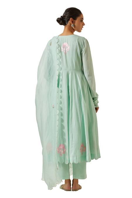Shop_Label Earthen_Green , Satin Embroidery Round Neck Resham Anarkali Pant Set 