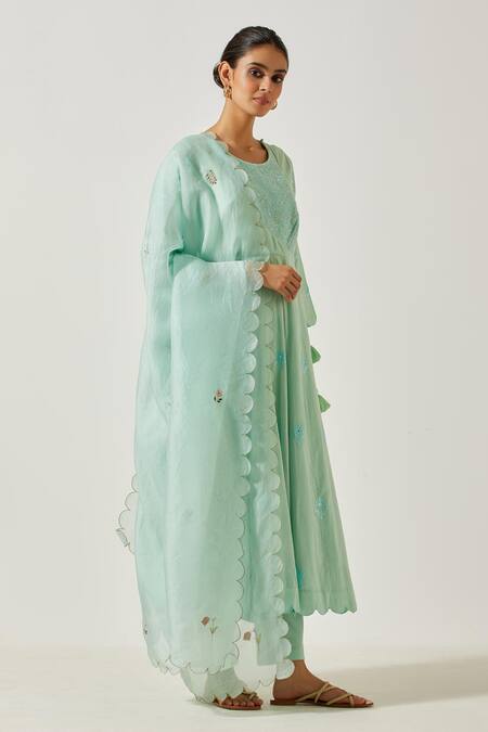 Shop_Label Earthen_Green Cotton Embroidery Round Neck Floral Butti Anarkali With Pant _Online_at_Aza_Fashions