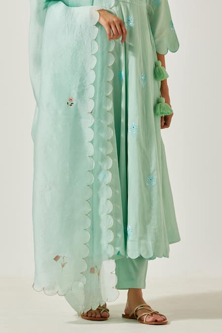 Label Earthen_Green Cotton Embroidery Round Neck Floral Butti Anarkali With Pant _at_Aza_Fashions