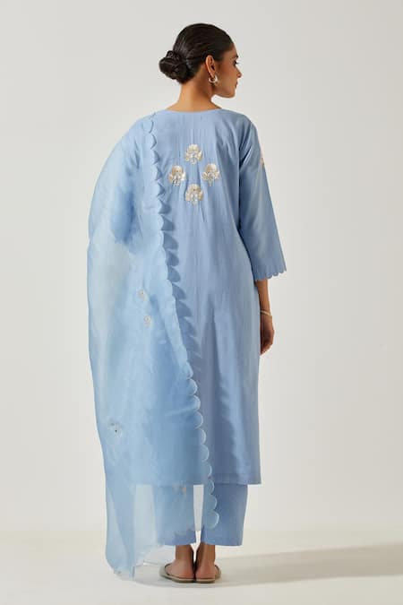 Shop Label Earthen Blue Cotton Embroidery Round Neck Floral Butti Kurta With Pant at Aza Fashions Shop_Label Earthen_Blue Cotton Embroidery Round Neck Floral Butti Kurta With Pant _at_Aza_Fashions