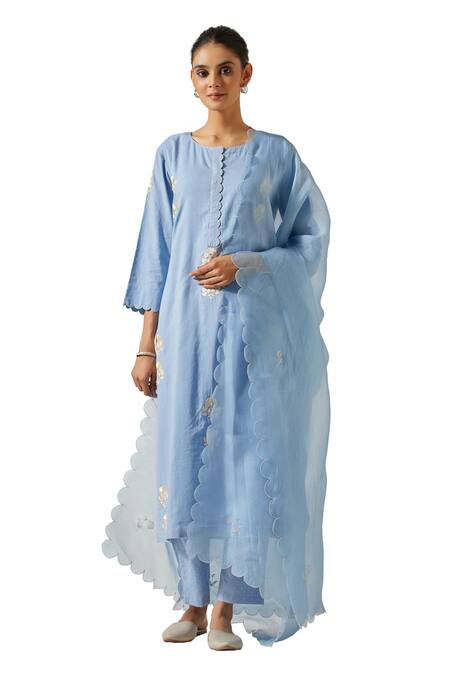 Label Earthen Blue Cotton Embroidery Round Neck Floral Butti Kurta With Pant Online at Aza Fashions Label Earthen_Blue Cotton Embroidery Round Neck Floral Butti Kurta With Pant _Online_at_Aza_Fashions