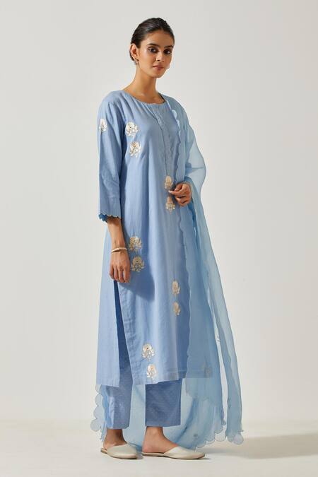 Buy Label Earthen Blue Cotton Embroidery Round Neck Floral Butti Kurta With Pant Online at Aza Fashions Buy_Label Earthen_Blue Cotton Embroidery Round Neck Floral Butti Kurta With Pant _Online_at_Aza_Fashions