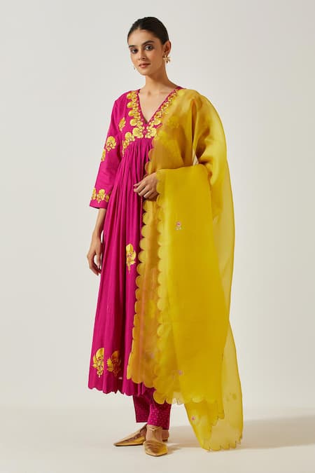 Label Earthen Magenta , Satin Embroidery, Floral Bloom Anarkali With Pant 