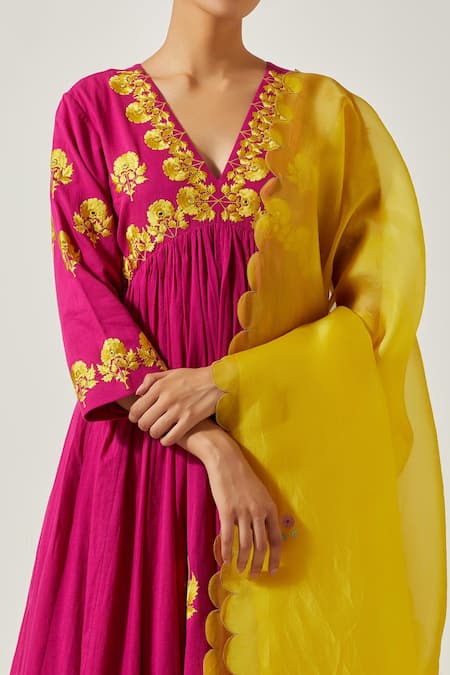 Shop_Label Earthen_Magenta , Satin Embroidery, Floral Bloom Anarkali With Pant _Online_at_Aza_Fashions