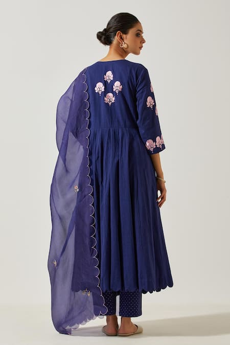Shop Label Earthen Blue Cotton Embroidery, Mirrors V-neck Flower Bloom Anarkali With Pant at Aza Fashions Shop_Label Earthen_Blue Cotton Embroidery, Mirrors V-neck Flower Bloom Anarkali With Pant _at_Aza_Fashions