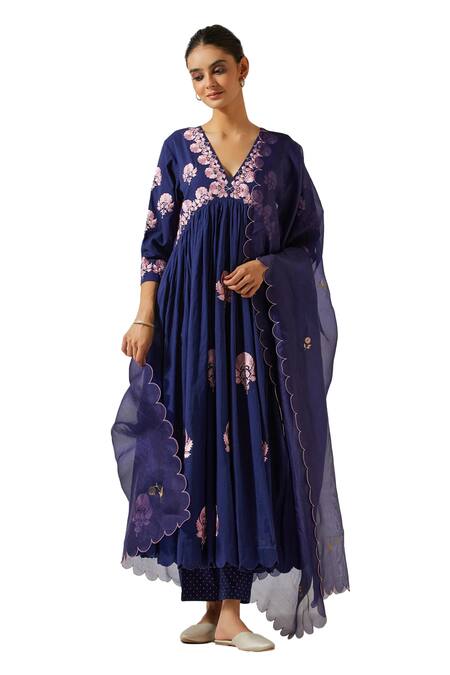 Label Earthen Blue Cotton Embroidery, Mirrors V-neck Flower Bloom Anarkali With Pant Online at Aza Fashions Label Earthen_Blue Cotton Embroidery, Mirrors V-neck Flower Bloom Anarkali With Pant _Online_at_Aza_Fashions