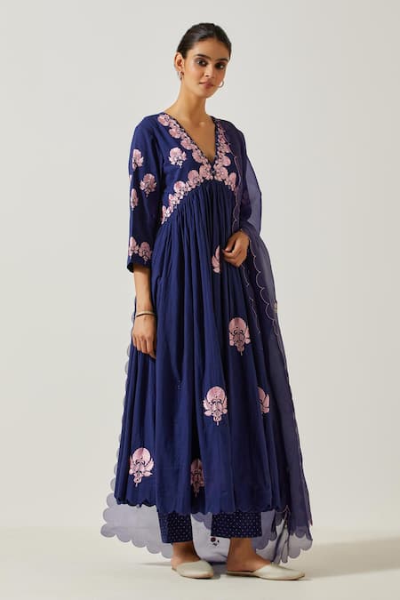 Buy Label Earthen Blue Cotton Embroidery, Mirrors V-neck Flower Bloom Anarkali With Pant Online at Aza Fashions Buy_Label Earthen_Blue Cotton Embroidery, Mirrors V-neck Flower Bloom Anarkali With Pant _Online_at_Aza_Fashions