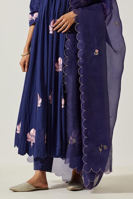 Shop Label Earthen Blue Cotton Embroidery, Mirrors V-neck Flower Bloom Anarkali With Pant Online at Aza Fashions Shop_Label Earthen_Blue Cotton Embroidery, Mirrors V-neck Flower Bloom Anarkali With Pant _Online_at_Aza_Fashions