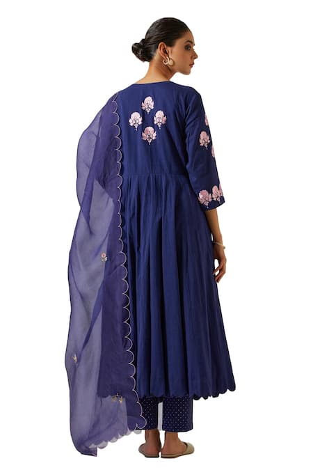 Label Earthen Blue Cotton Embroidery, Mirrors V-neck Flower Bloom Anarkali With Pant at Aza Fashions Label Earthen_Blue Cotton Embroidery, Mirrors V-neck Flower Bloom Anarkali With Pant _at_Aza_Fashions