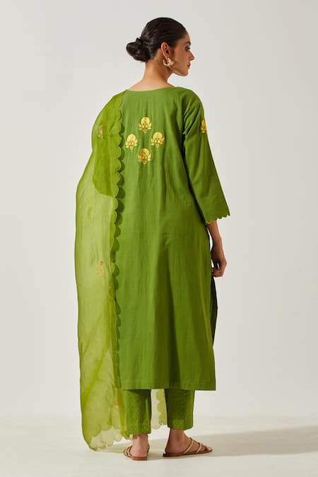 Shop Label Earthen Green Cotton Embroidery, Mirrors Split V-neck Resham Butti Kurta With Pant at Aza Fashions Shop_Label Earthen_Green Cotton Embroidery, Mirrors Split V-neck Resham Butti Kurta With Pant _at_Aza_Fashions