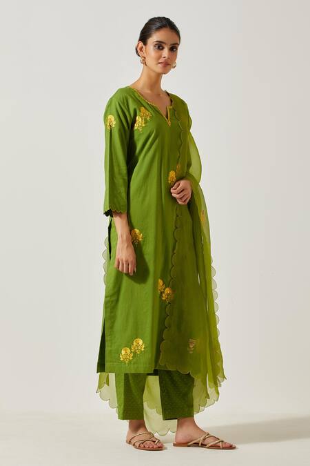 Buy Label Earthen Green Cotton Embroidery, Mirrors Split V-neck Resham Butti Kurta With Pant Online at Aza Fashions Buy_Label Earthen_Green Cotton Embroidery, Mirrors Split V-neck Resham Butti Kurta With Pant _Online_at_Aza_Fashions