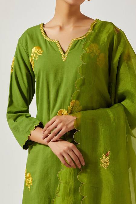 Shop Label Earthen Green Cotton Embroidery, Mirrors Split V-neck Resham Butti Kurta With Pant Online at Aza Fashions Shop_Label Earthen_Green Cotton Embroidery, Mirrors Split V-neck Resham Butti Kurta With Pant _Online_at_Aza_Fashions