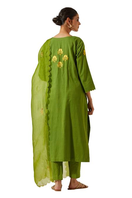 Buy Label Earthen Green Cotton Embroidery, Mirrors Split V-neck Resham Butti Kurta With Pant Buy_Label Earthen_Green Cotton Embroidery, Mirrors Split V-neck Resham Butti Kurta With Pant