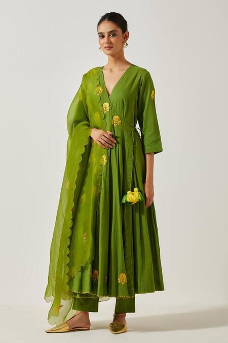 Buy_Label Earthen_Green Cotton Embroidery, Mirrors V-neck Resham Butti Anarkali With Pant _Online_at_Aza_Fashions