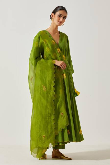 Shop_Label Earthen_Green Cotton Embroidery, Mirrors V-neck Resham Butti Anarkali With Pant _Online_at_Aza_Fashions