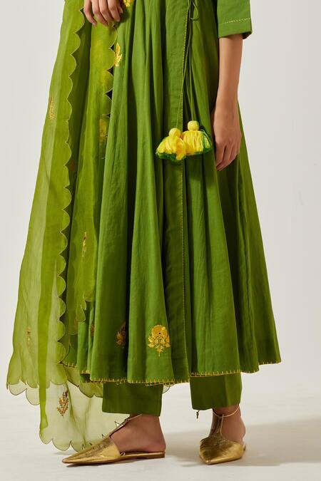 Label Earthen_Green Cotton Embroidery, Mirrors V-neck Resham Butti Anarkali With Pant _at_Aza_Fashions