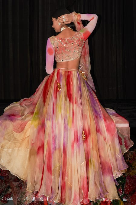 Shop_Mahima Mahajan_Multi Color Organza, Net V-neck Iram Printed Lehenga With Blouse _at_Aza_Fashions