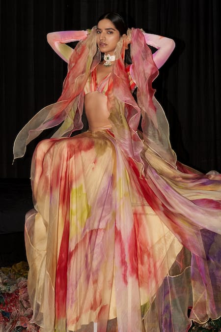 Buy_Mahima Mahajan_Multi Color Organza, Net V-neck Iram Printed Lehenga With Blouse _Online_at_Aza_Fashions