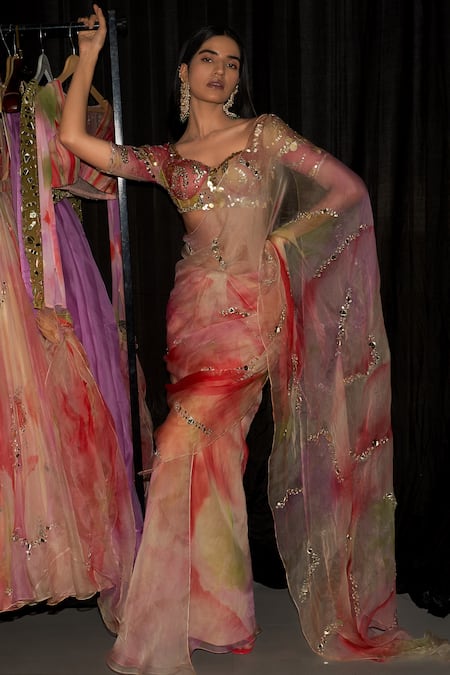 Mahima Mahajan_Multi Color Organza, Cotton Sequins Zubieda Printed Pre-draped Saree With Blouse _Online_at_Aza_Fashions