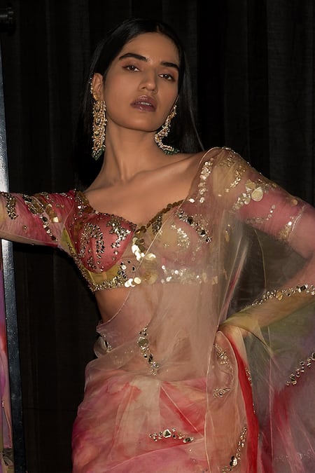 Buy_Mahima Mahajan_Multi Color Organza, Cotton Sequins Zubieda Printed Pre-draped Saree With Blouse _Online_at_Aza_Fashions