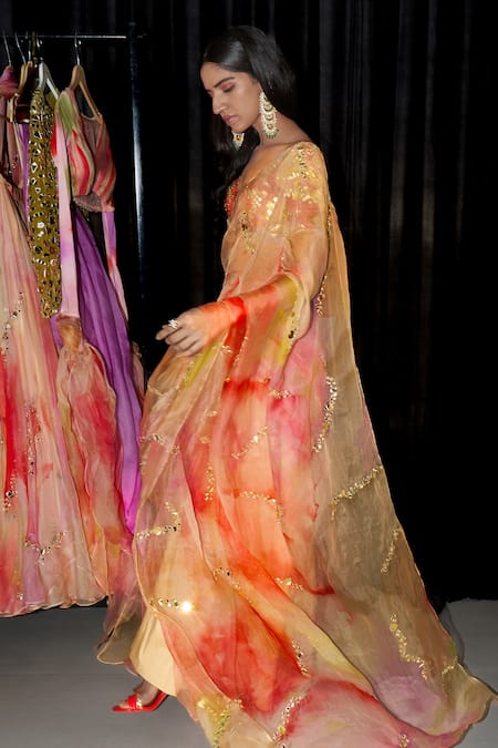 Shop_Mahima Mahajan_Multi Color Organza, Cotton Sequins Zubieda Printed Pre-draped Saree With Blouse _Online_at_Aza_Fashions