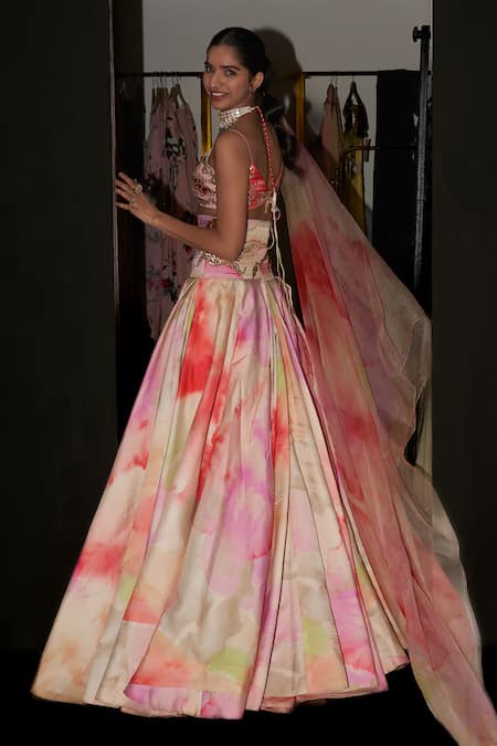 Shop_Mahima Mahajan_Multi Color Satin, Organza Sequins V-neck Kishwar Printed Lehenga Set _at_Aza_Fashions
