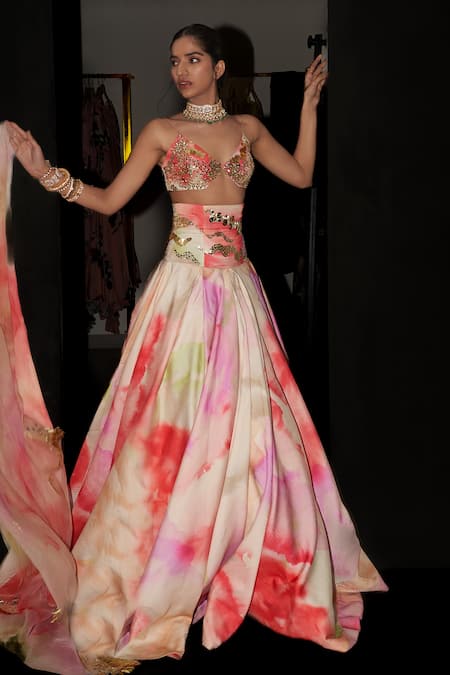 Mahima Mahajan_Multi Color Satin, Organza Sequins V-neck Kishwar Printed Lehenga Set _Online_at_Aza_Fashions