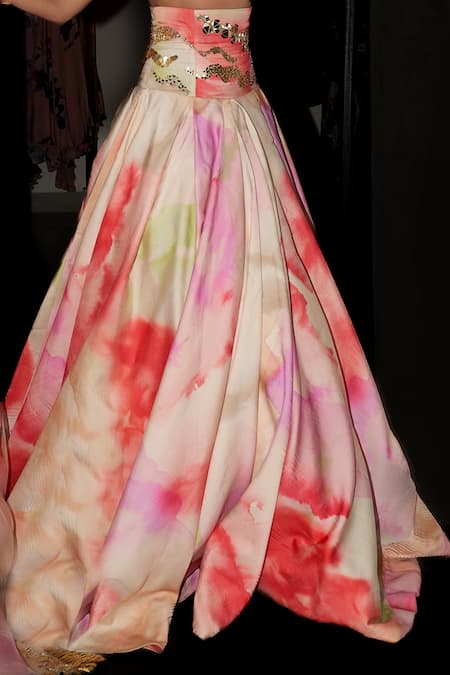 Buy_Mahima Mahajan_Multi Color Satin, Organza Sequins V-neck Kishwar Printed Lehenga Set _Online_at_Aza_Fashions