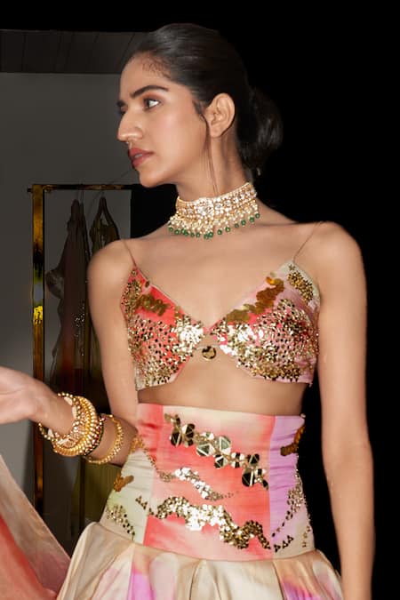 Shop_Mahima Mahajan_Multi Color Satin, Organza Sequins V-neck Kishwar Printed Lehenga Set _Online_at_Aza_Fashions