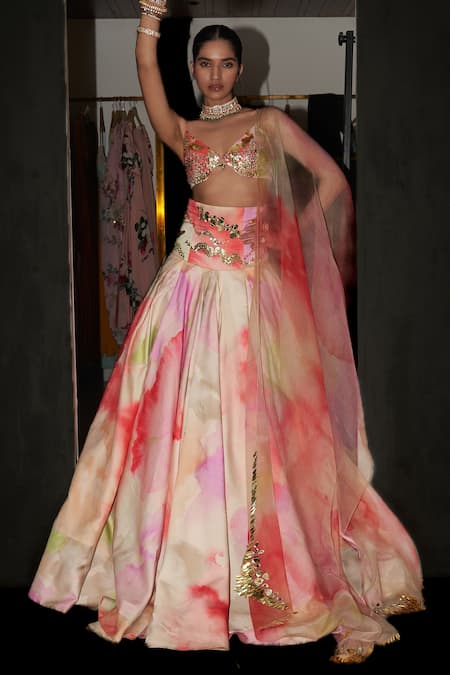 Mahima Mahajan_Multi Color Satin, Organza Sequins V-neck Kishwar Printed Lehenga Set _at_Aza_Fashions