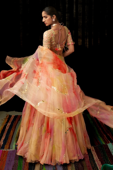 Shop_Mahima Mahajan_Multi Color Organza Sequins, Embroidery Sweetheart Habnoor Printed Lehenga Set _at_Aza_Fashions